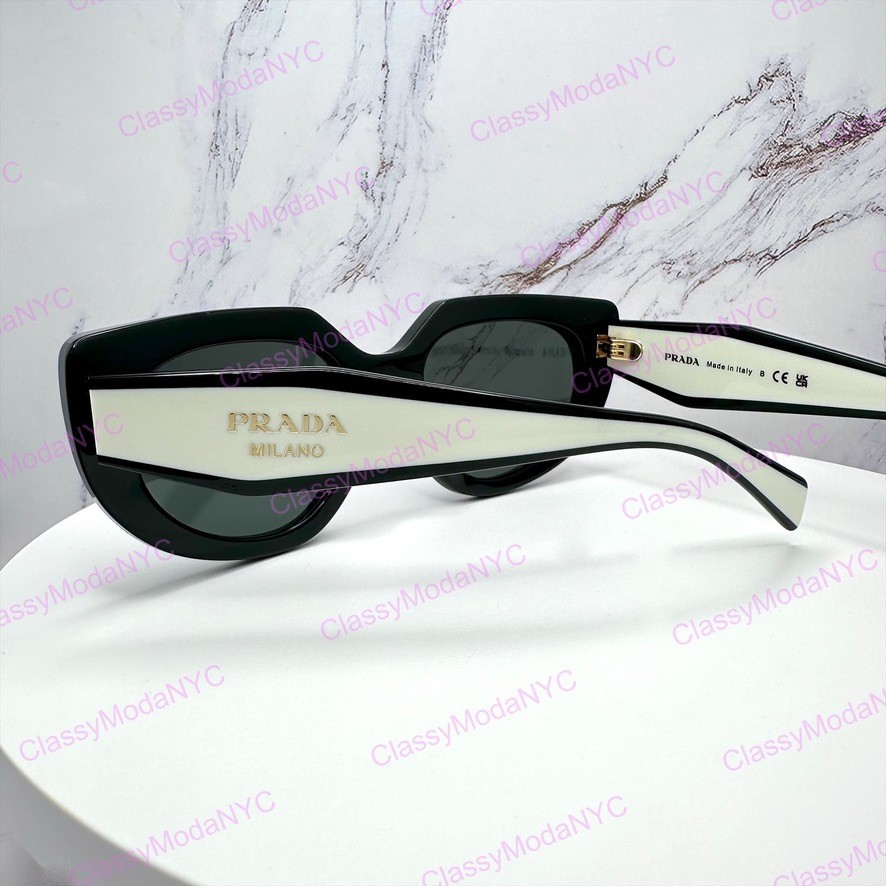 PRADA Sunglasses New Black White Gold Symbole Cat Eye Womens w/ Box & Case