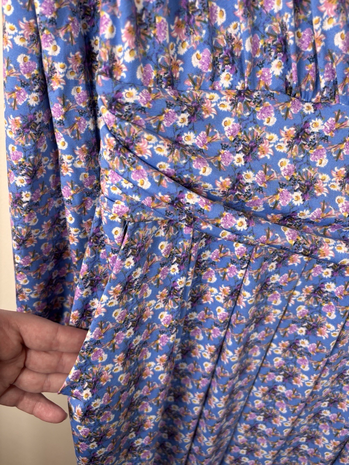 Jolie Moi UK 12 Tea Dress Stretchy Long Sleeved Blue Purple Floral Faux Wrap