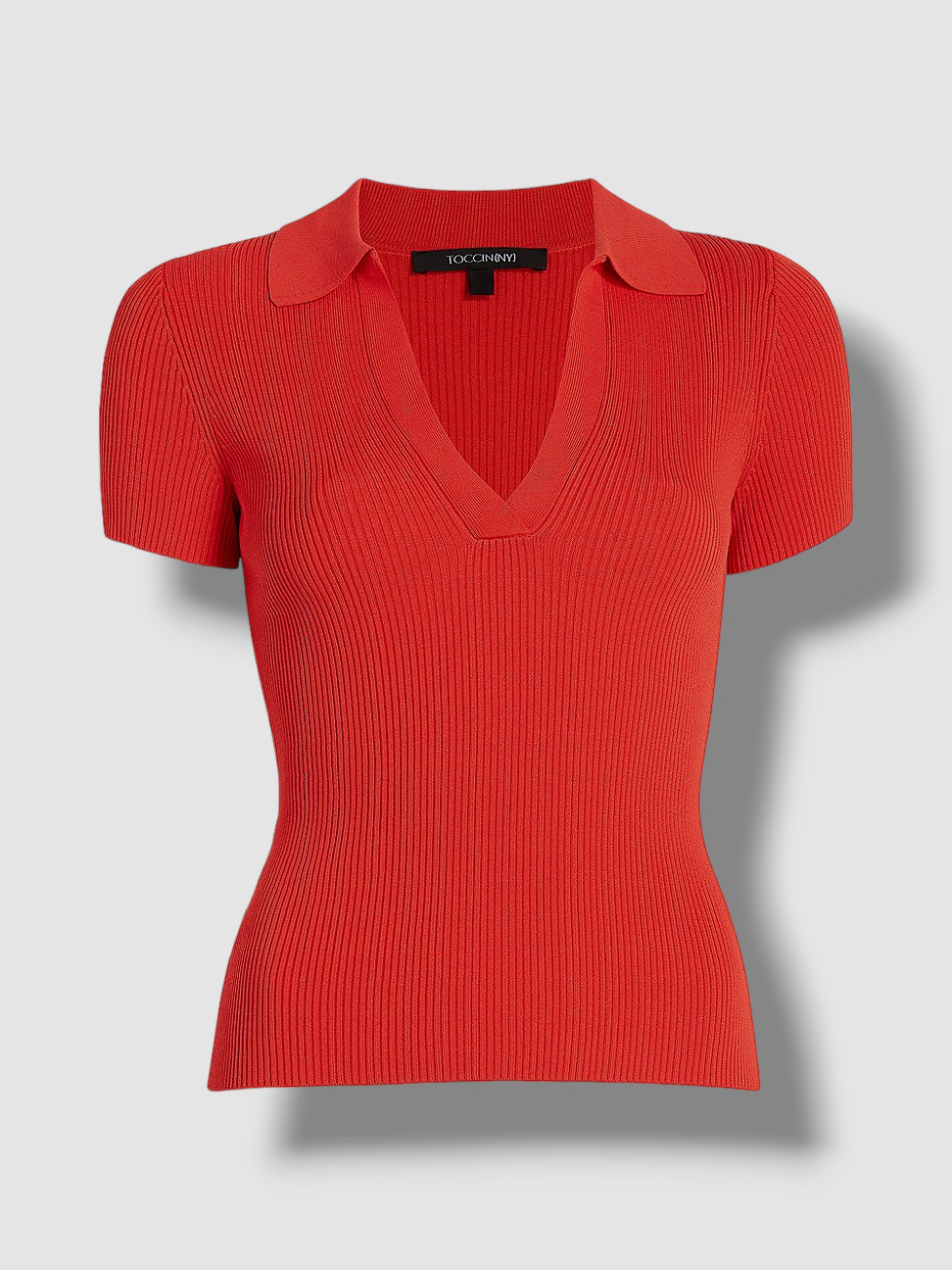 $185 Toccin NY Women’s Red Short Sleeve Split Neck Rib Knit Polo Top Size L