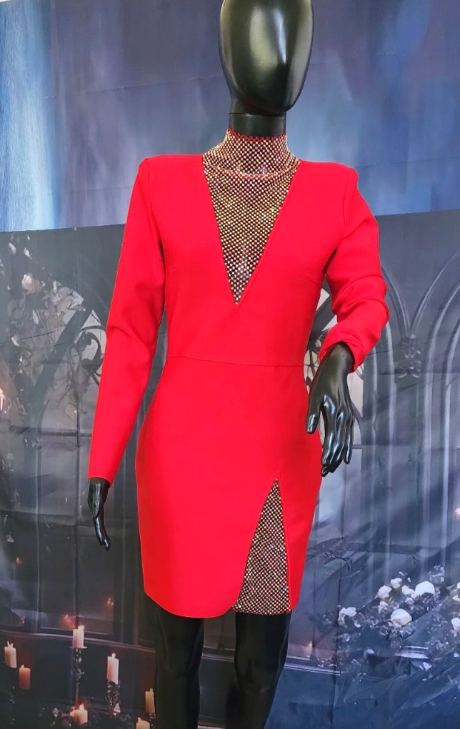 ❤️ Red Rhinestone Mesh Bodycon Cocktail Dress | Long Sleeve Deep V-Neck