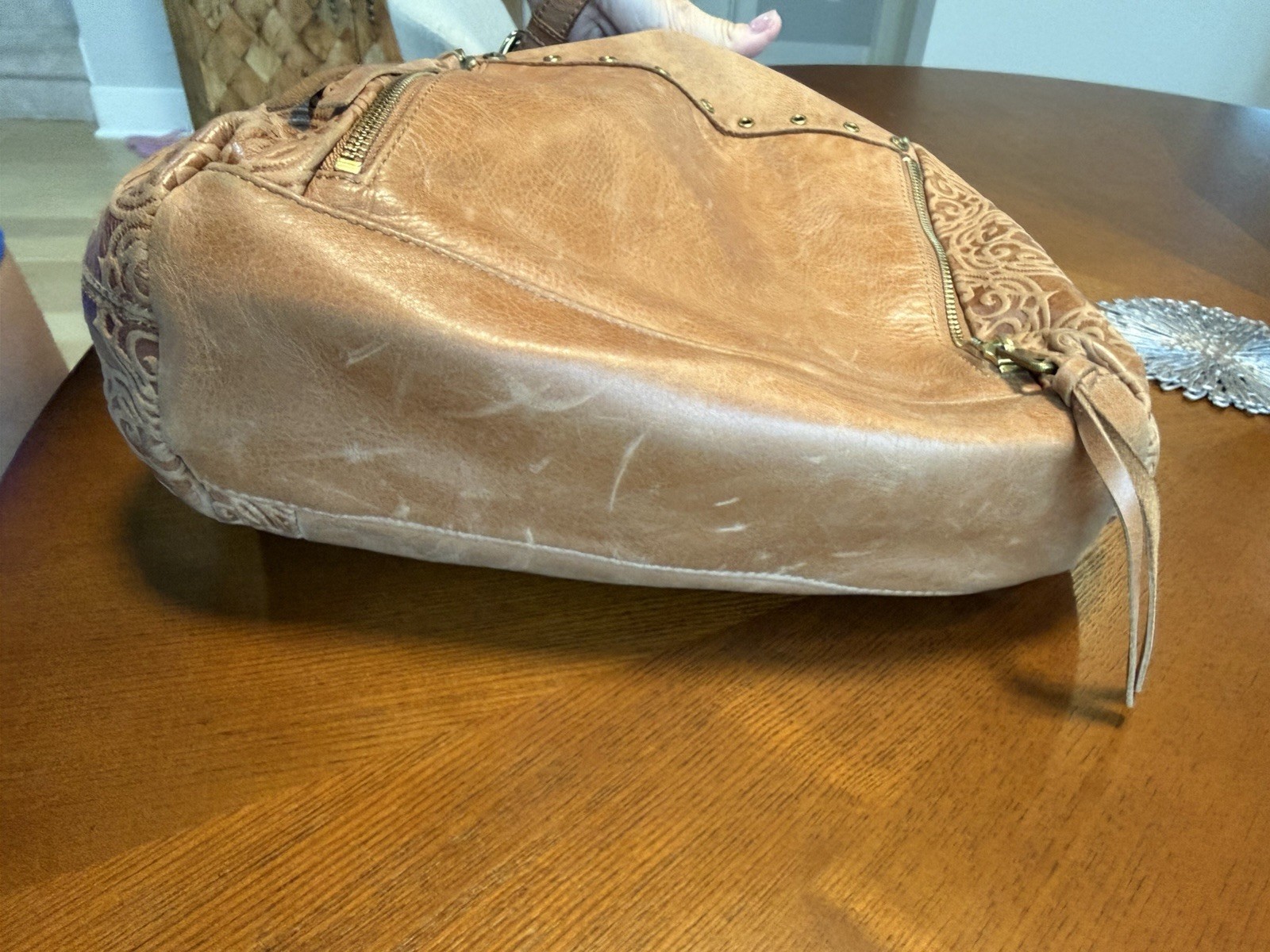 The Sak Brown Embossed Floral Tote Bag Zip Top Purple Lining Pockets Tassel