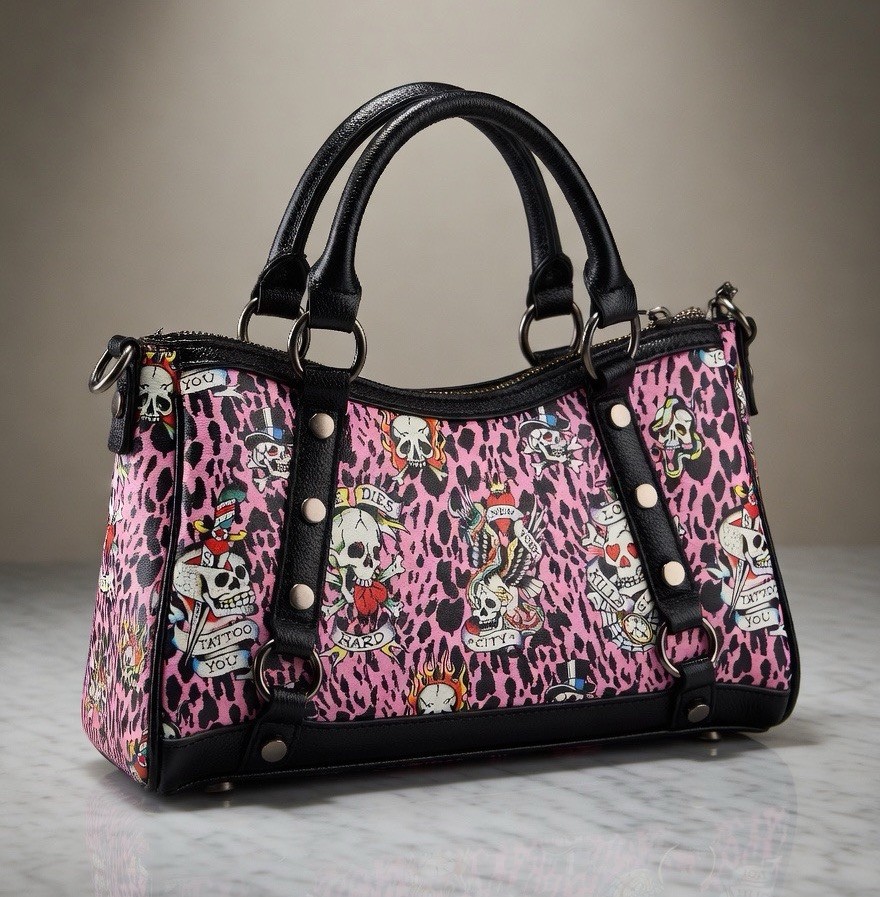 Ed Hardy Pink Leopard Print Tattoo Skull Crossbody/Shoulder Bag Y2K Style