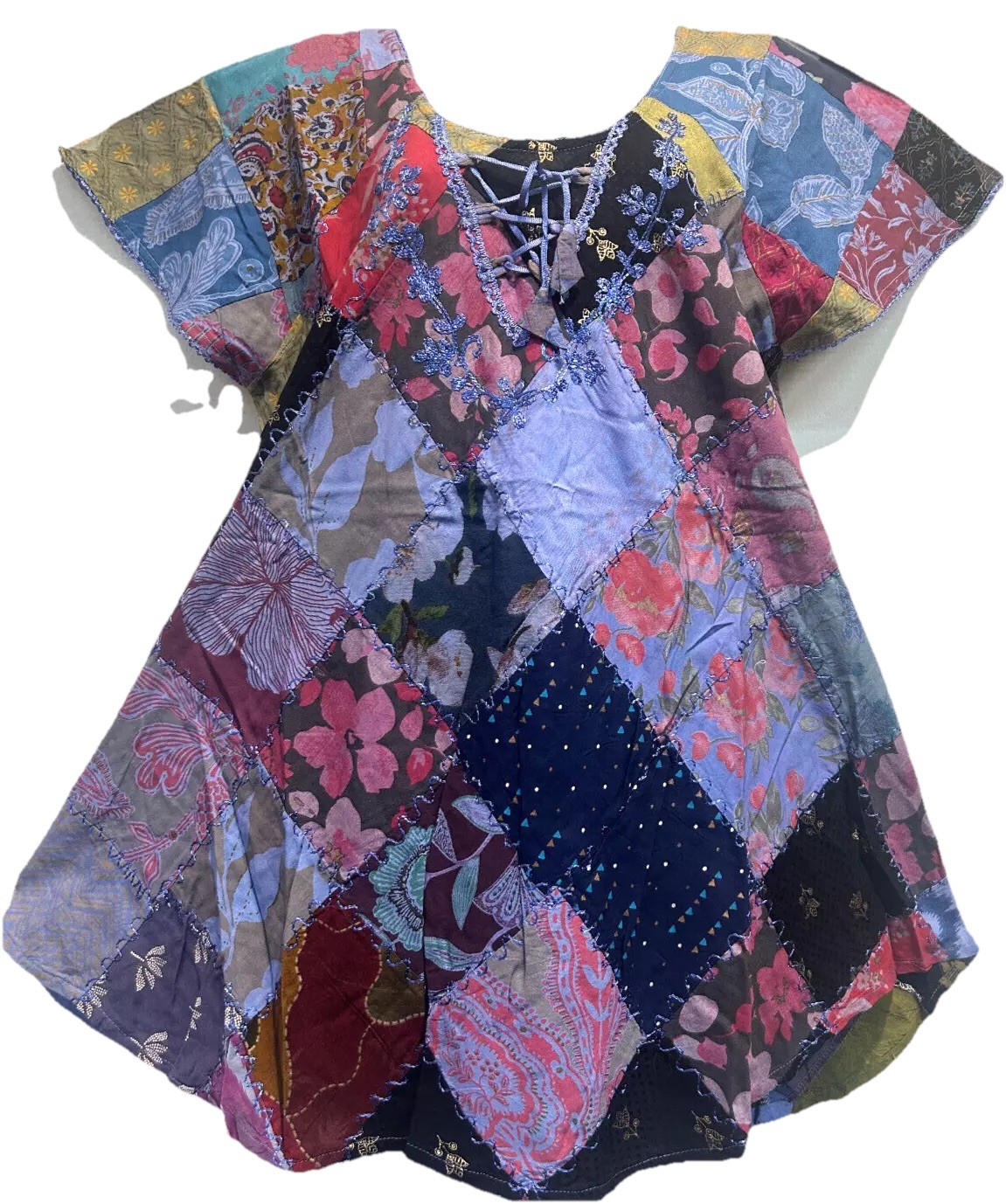 Nwt FUNKY STUFF hippie boho patch embroidered pockets umbrella TOP XL Free shipp