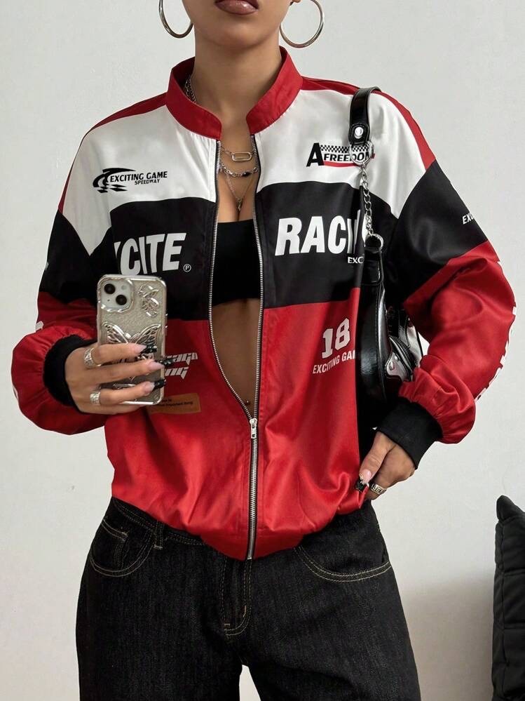 Letter Print Contrast Color Drop Shoulder Racing Jacket