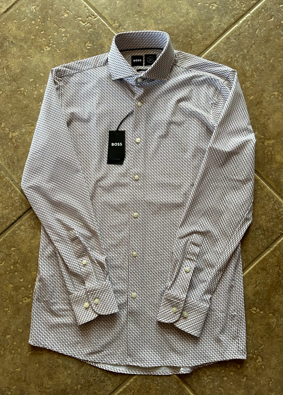 Hugo Boss Max Sharp Fit Performance Dress Shirt 16.5 32/33 Brown Geo $149 NWT