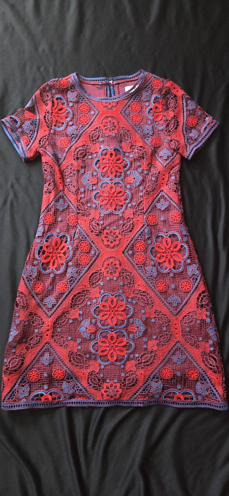 GB Girls Size 12 Red Blue Purple Embroidered Lace Overlay Short Sleeve Dress