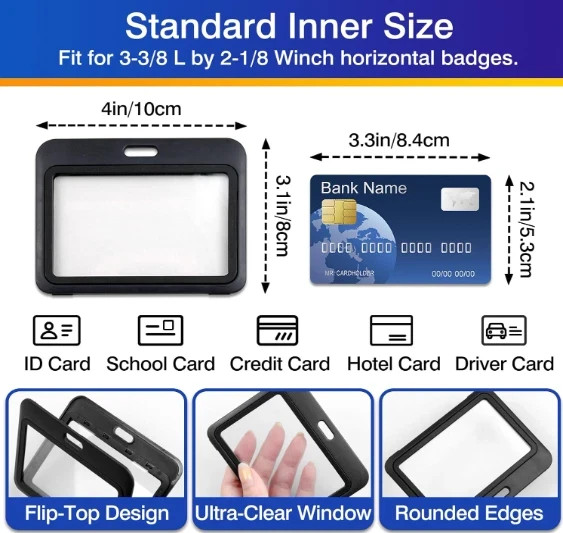 3 Pack ID Badge Holder with Double-Sided Windows Hard Plastic Horizontal ID Card
