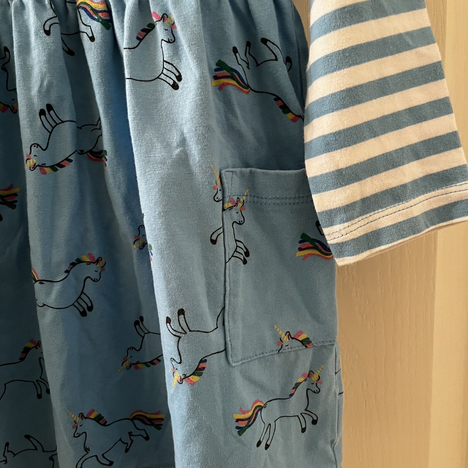 Hanna Andersson Mixie Playdress Dress Blue Striped Unicorn Pockets Size 100 US 4