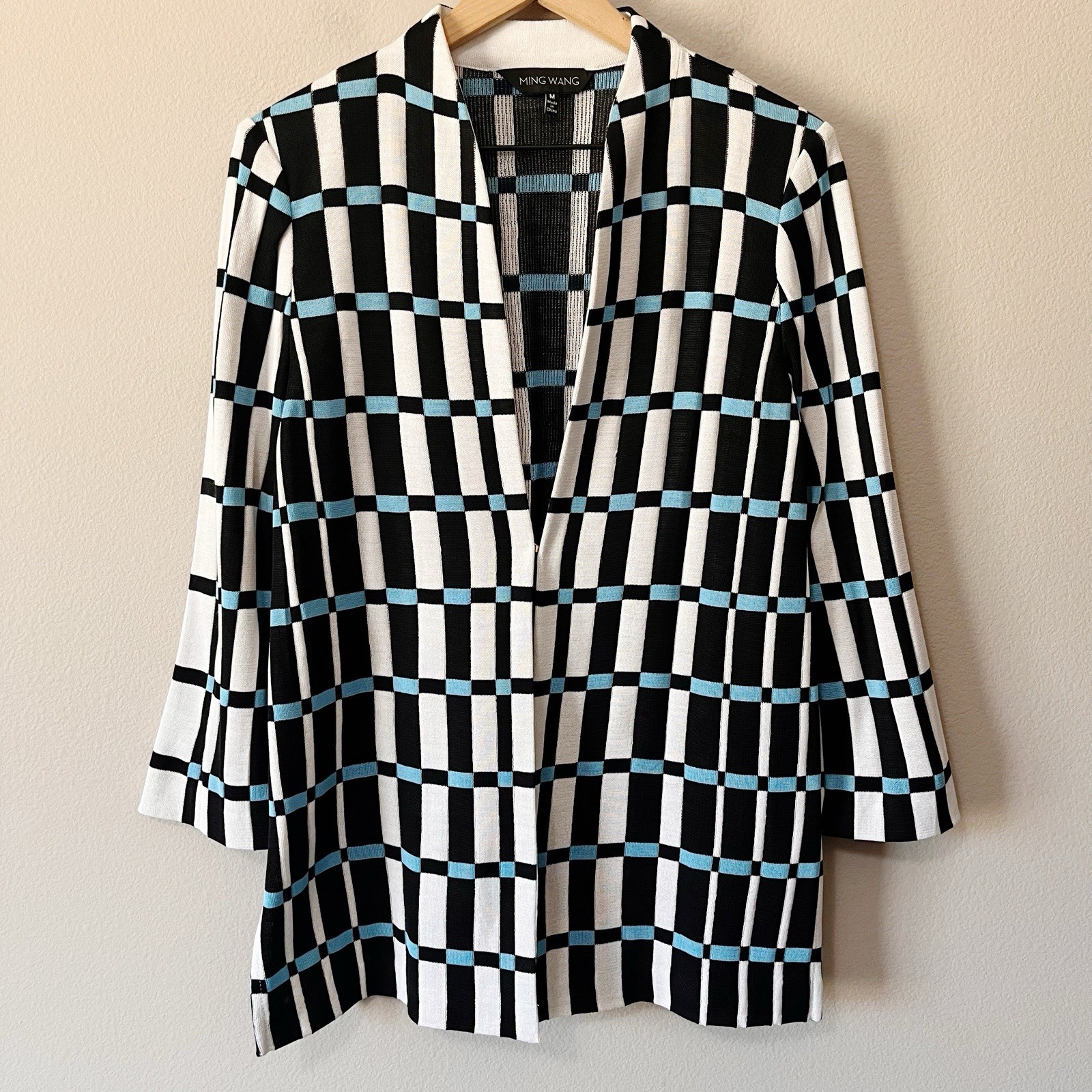 Ming Wang Checked 3/4 Sleeve Cardigan Jacket Black White Blue Size Medium