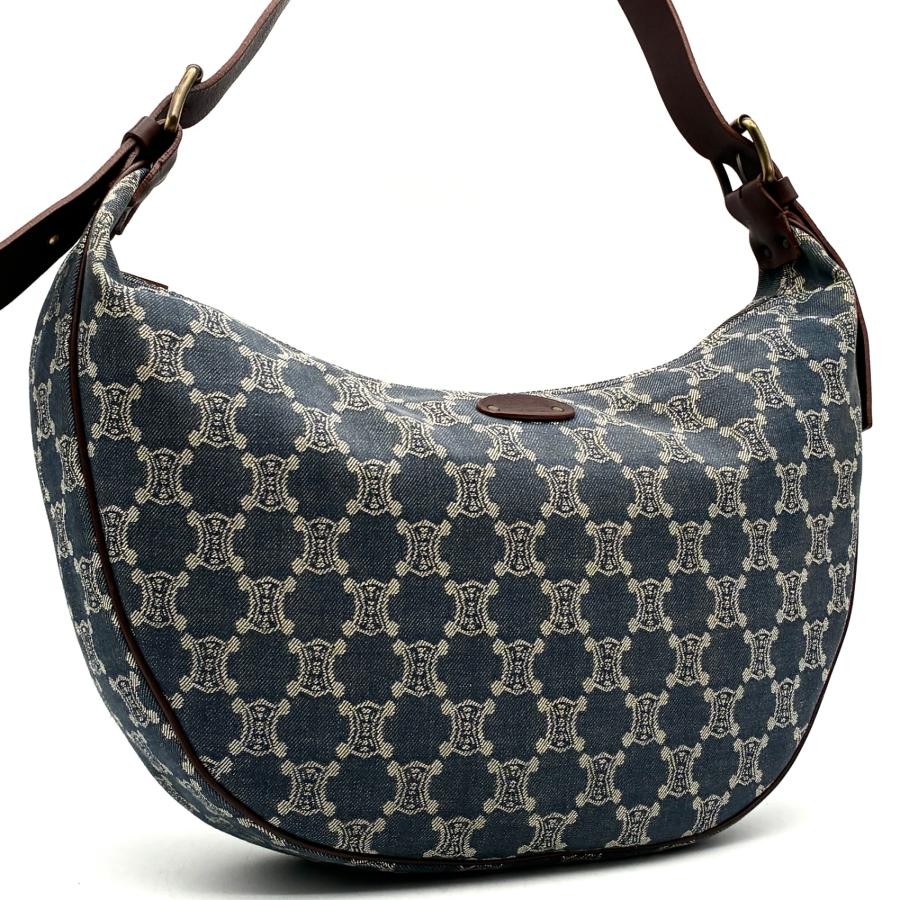 CELINE Paris Macadam Half Moon Denim Leather Shoulder Bag Blue Brown Auth
