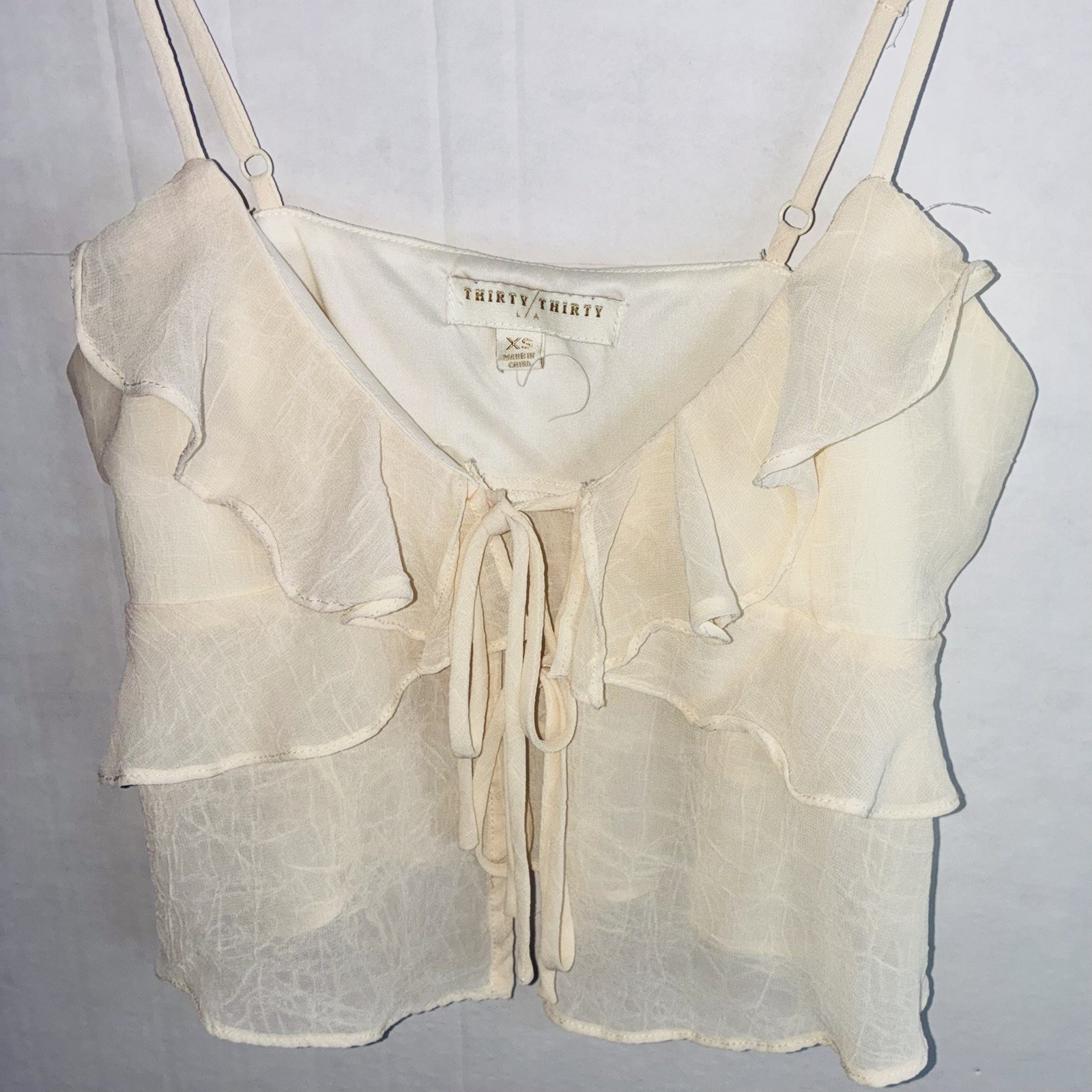 Thirty/Thirty LA Size XS ruffle Cream Lace Tie Strap Peplum Corset Crop Top NWOT