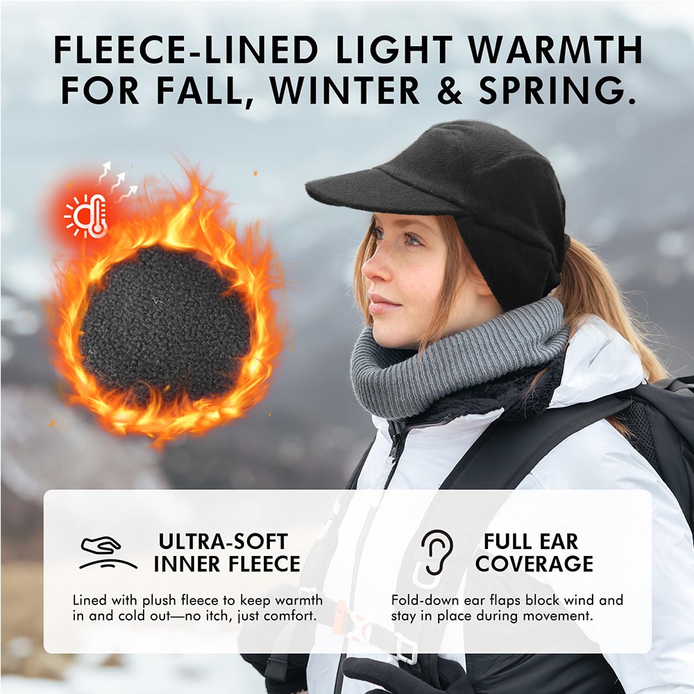 Winter Fleece Hat with Earflap Ponytail Hole Warm Cap fr Running Jogging Hiking