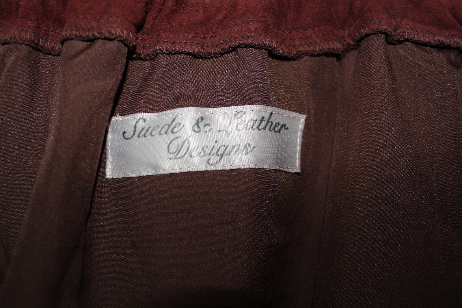 VTG 80s Suede Leather Designs Brown Burgundy Midi Skirt Chevron Panel Elastic L