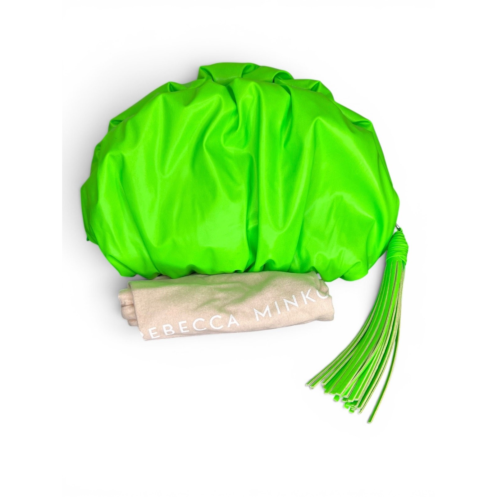 NWT Rebecca Minkoff Neon Green Ruched Clutch Faux Leather Tassel Zip Bag