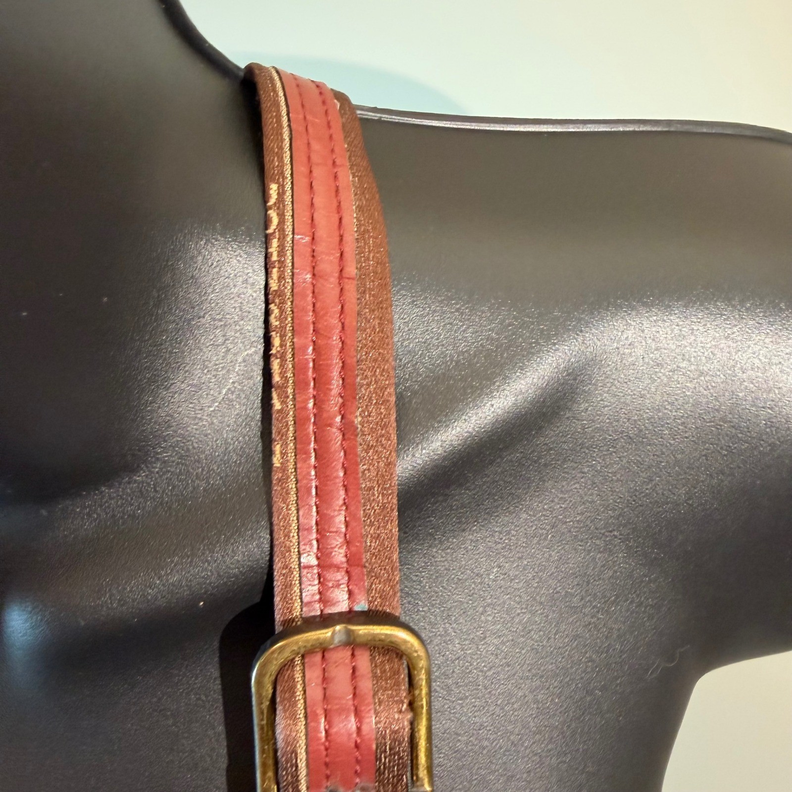 Vintage John Romain Striped Crossbody Bag Brown Burgundy Leather Trim Lion Crest