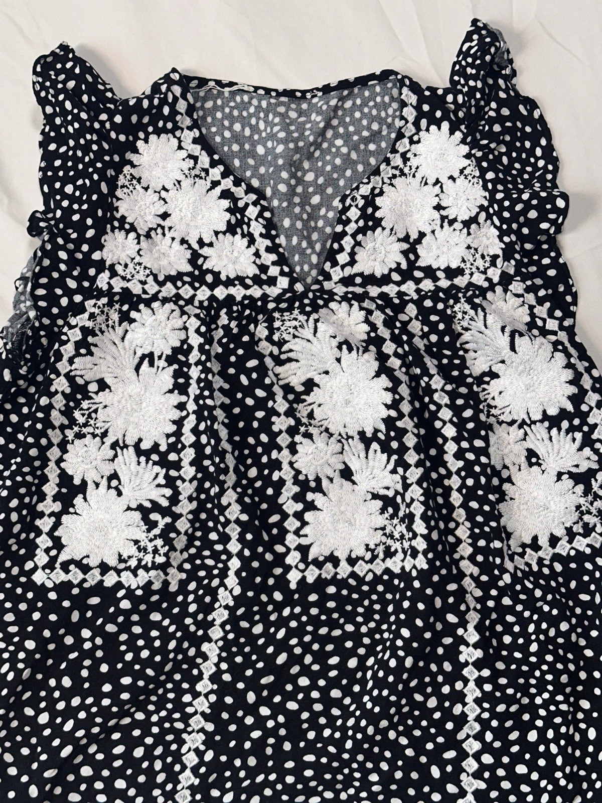 Self Womens S Black White Polka Dot Chiffon Babydoll V-Neck Smocked