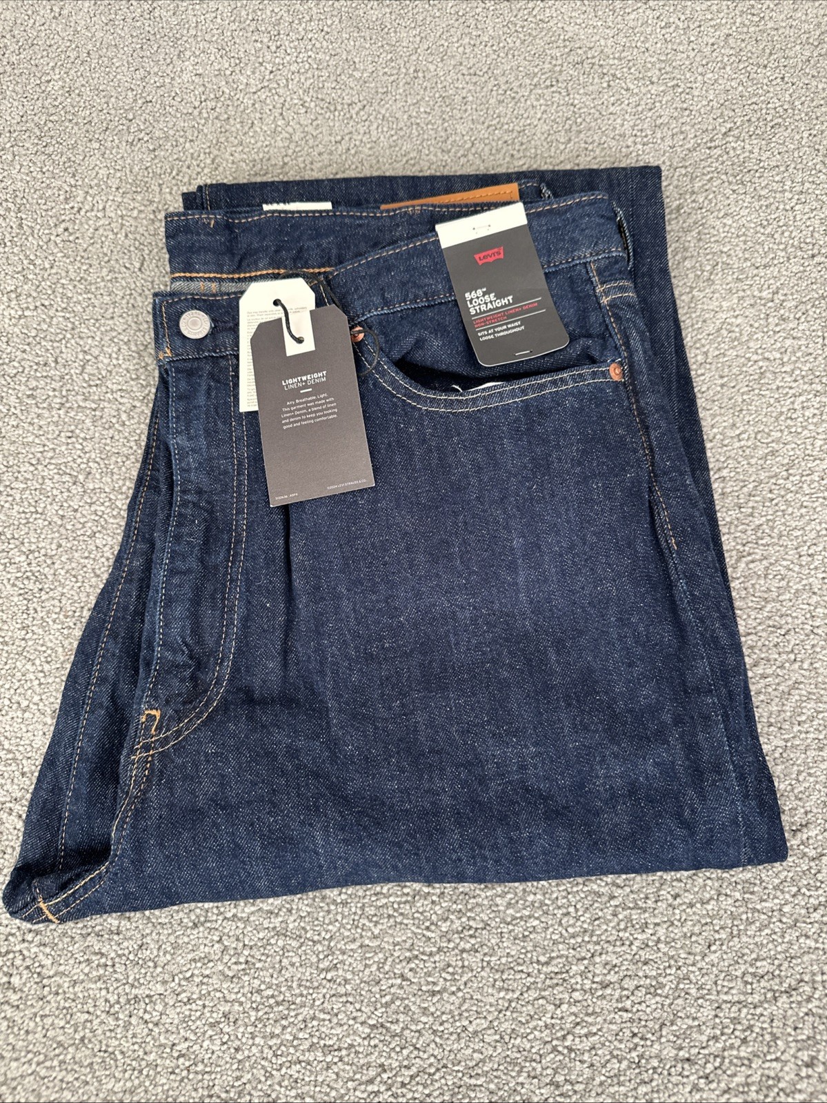Levis 568 loose straight jeans Dark Blue Cotton Linen Jeans Men’s Sz 38Wx31L