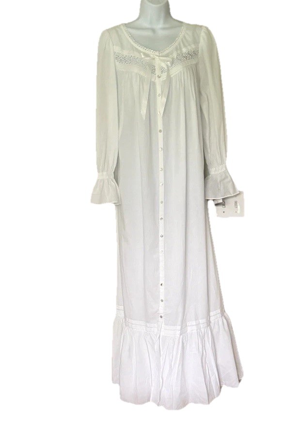 New Eileen West 100% Cotton Nightgown P White Long Sleeve Prarie 53” USA NWT