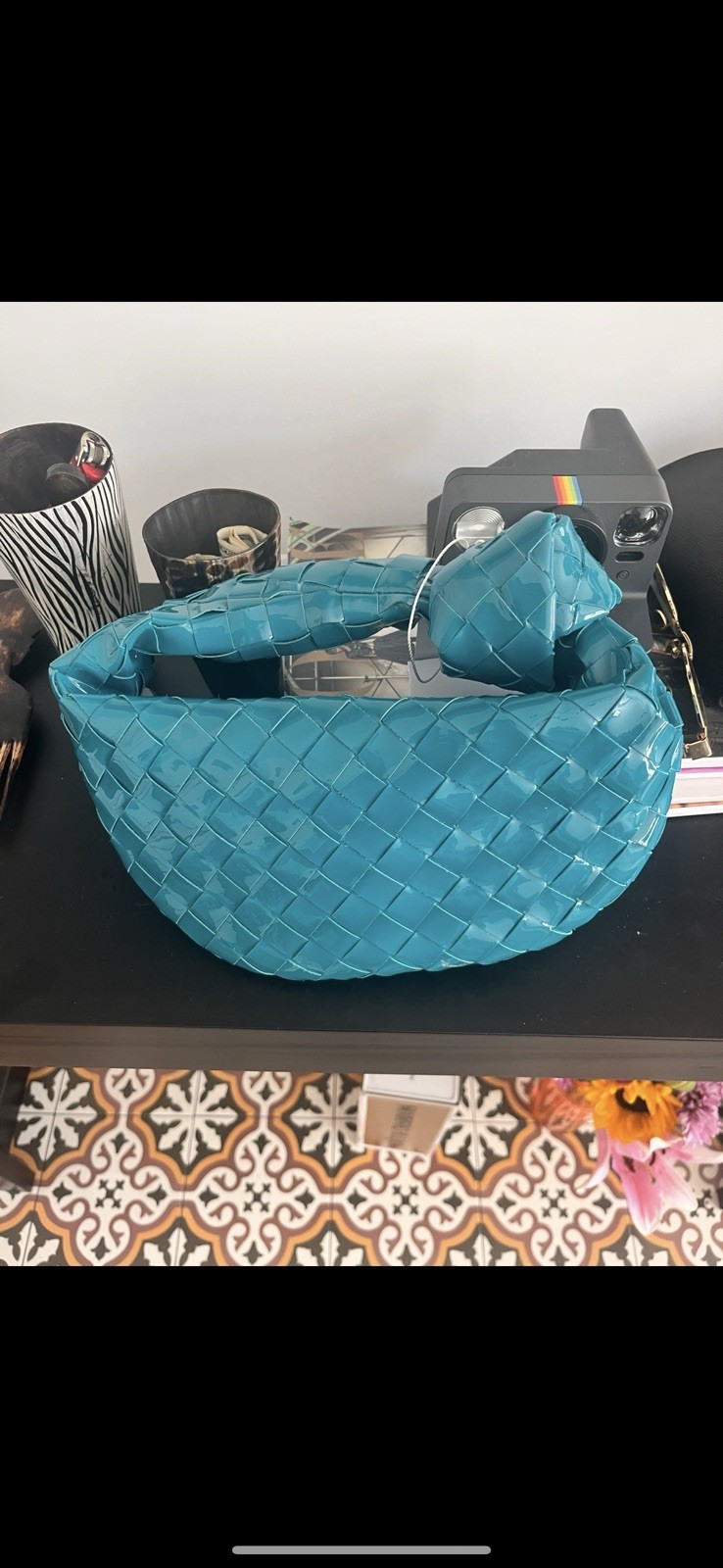 Authenticated Bottega Veneta Mini Patent Intrecciato Jodie Turquoise Leather