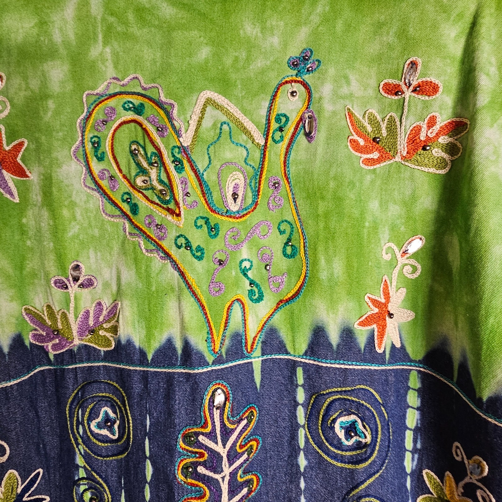 Indigo Moon Large Jacket Green Tie Dye Blue Denim Embroidered Beaded Boho Artsy