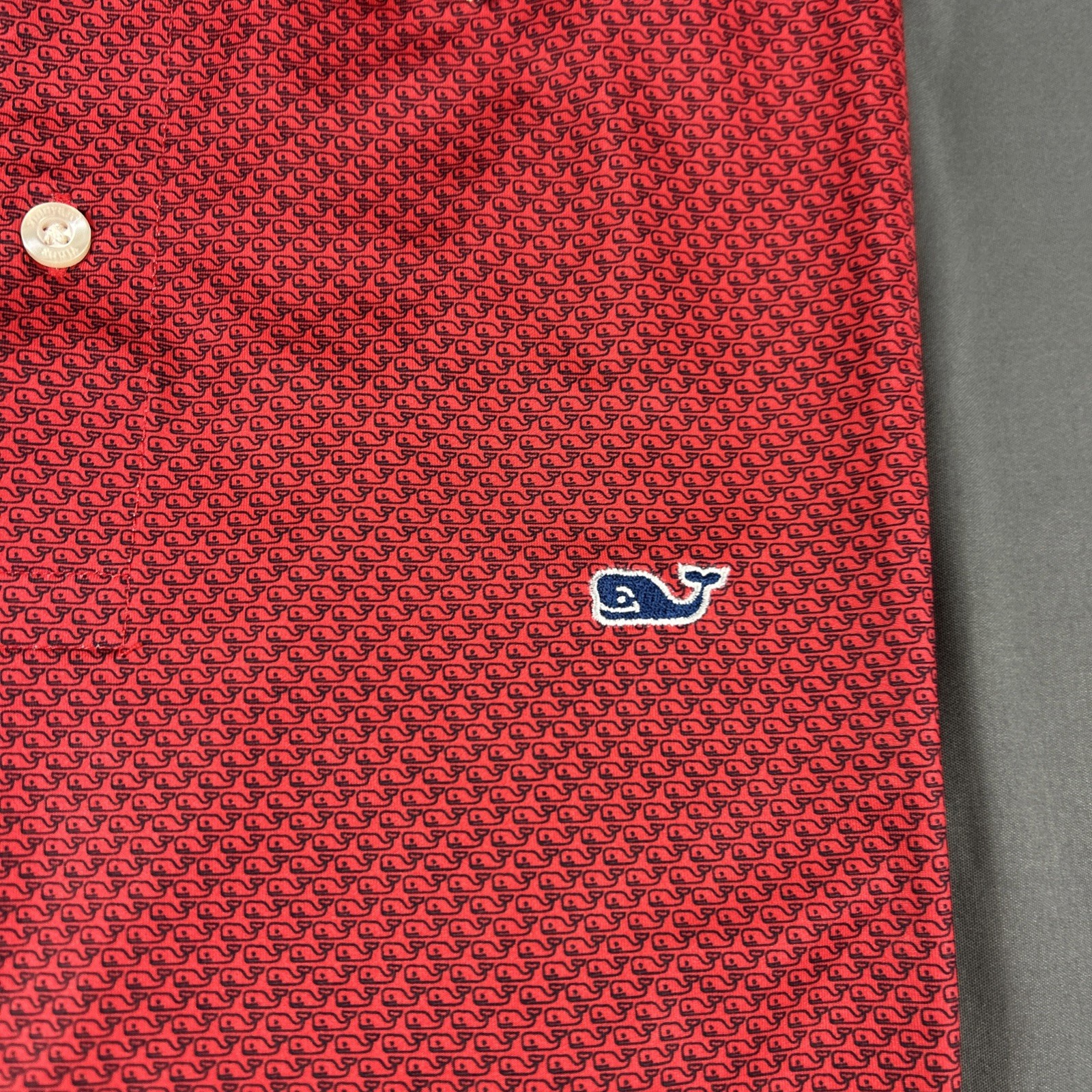 Vineyard Vines Golf Shirt Polo Micro Whale Print Medium Red Polyester Spandex