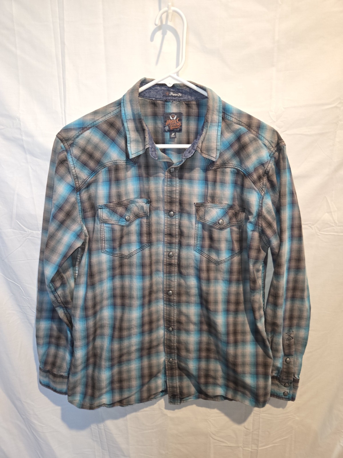 Moon Shine Spirit Men’s Gray Blue Plaid Shirt Snap Western Long Sleeve M