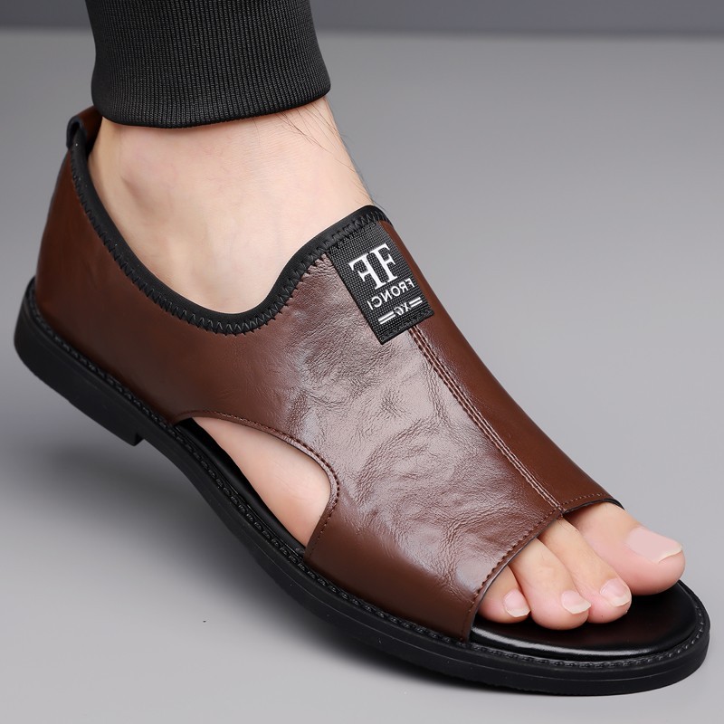 Men’s Open Toe Slip-On Sandals, PU Leather, Comfort Casual Summer Slide Shoes