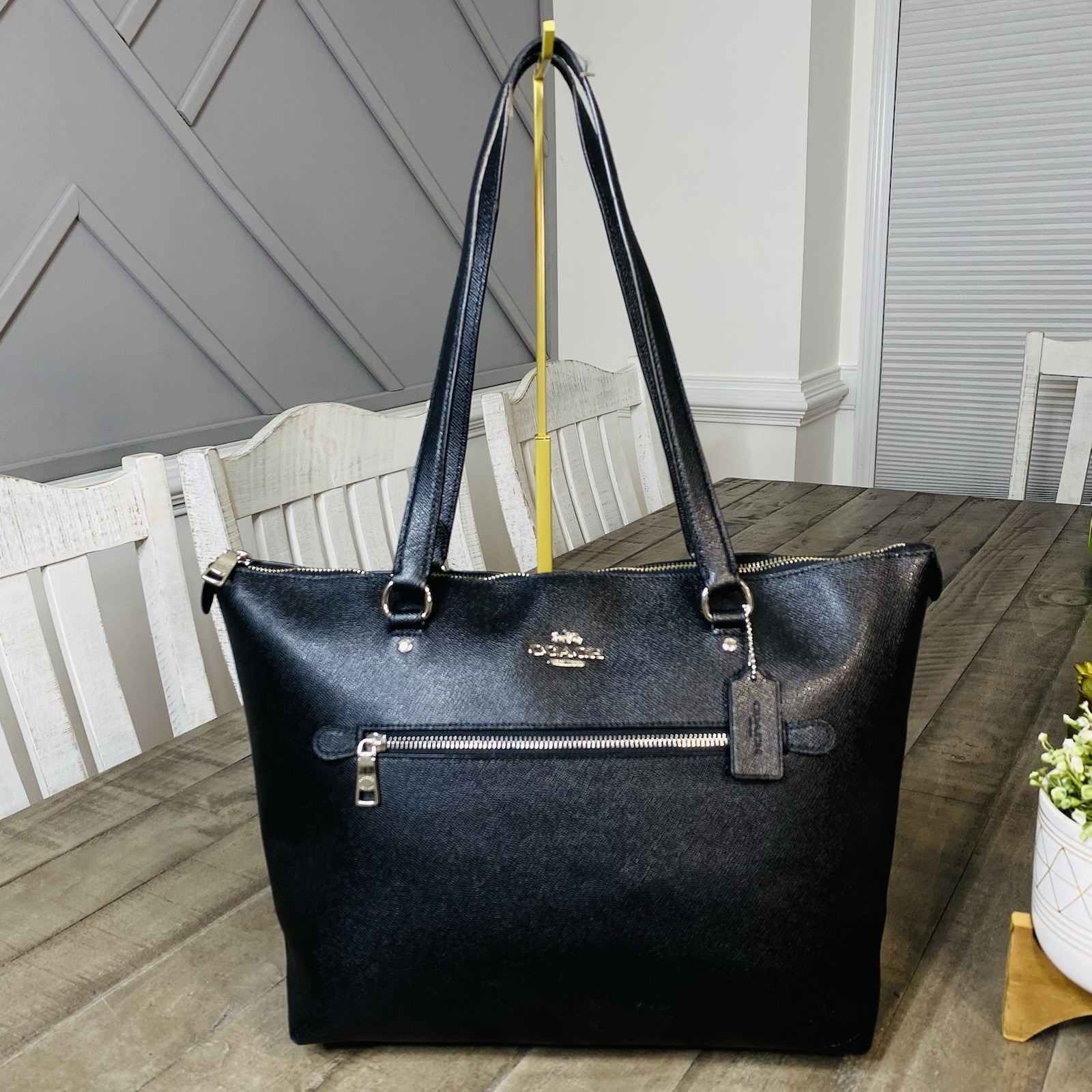 COACH Gallery Tote Bag F79608 Black Crossgrain Leather Silver Hardware Handbag