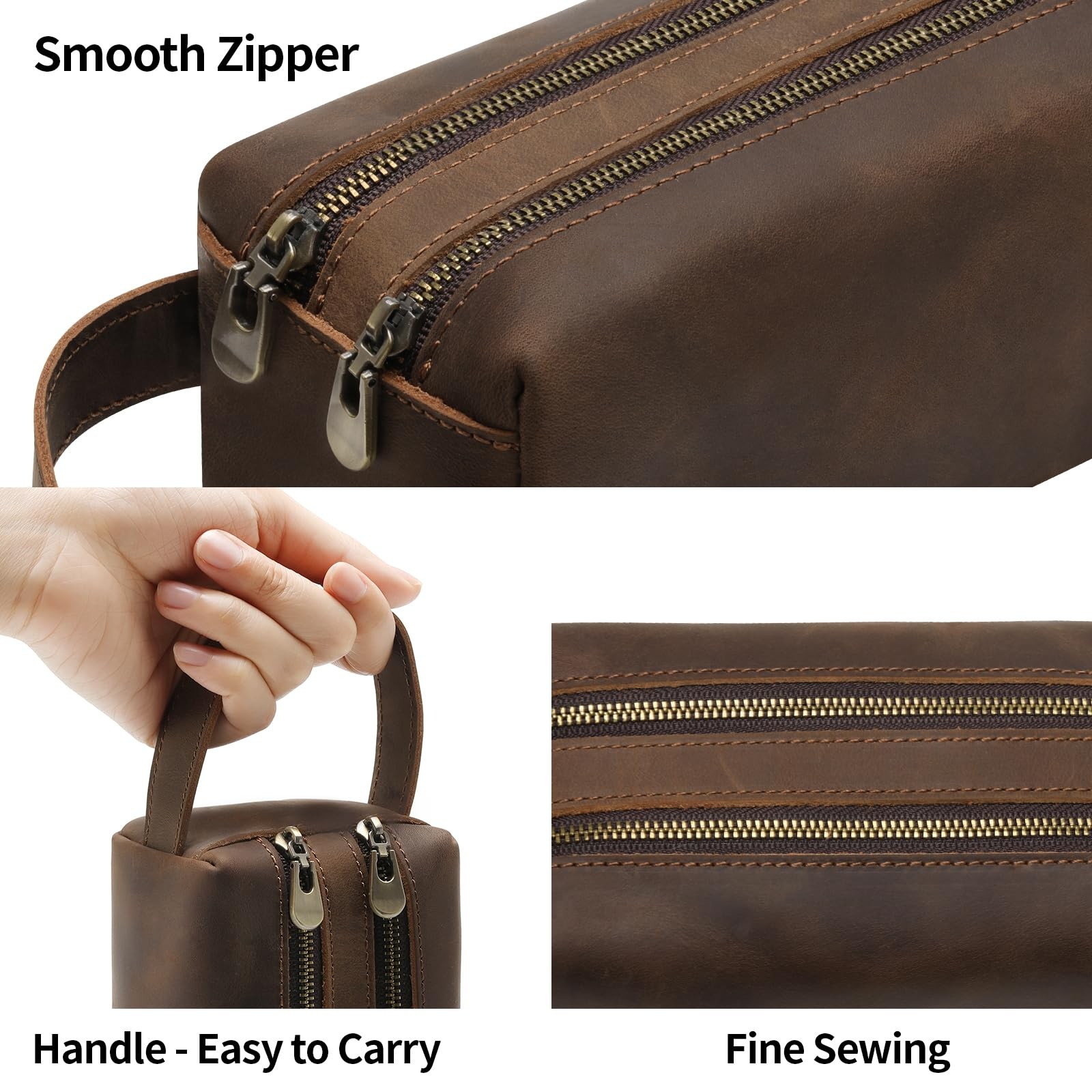 Ringsun Genuine Leather Makeup Bag, Portable 7.8in x 3in x 2.6in, Coffee