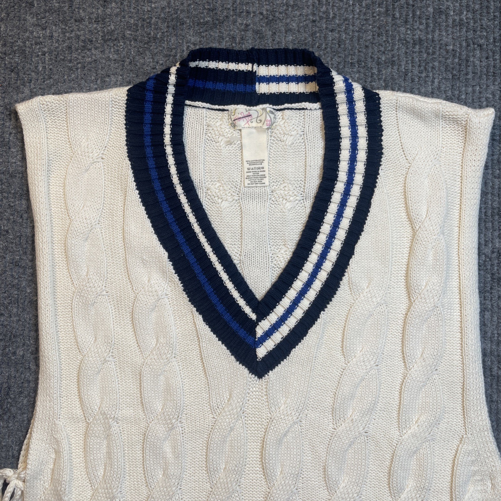 Free People Coastal Prep Poncho Vest Cable Knit One Size Cream Blue NEW