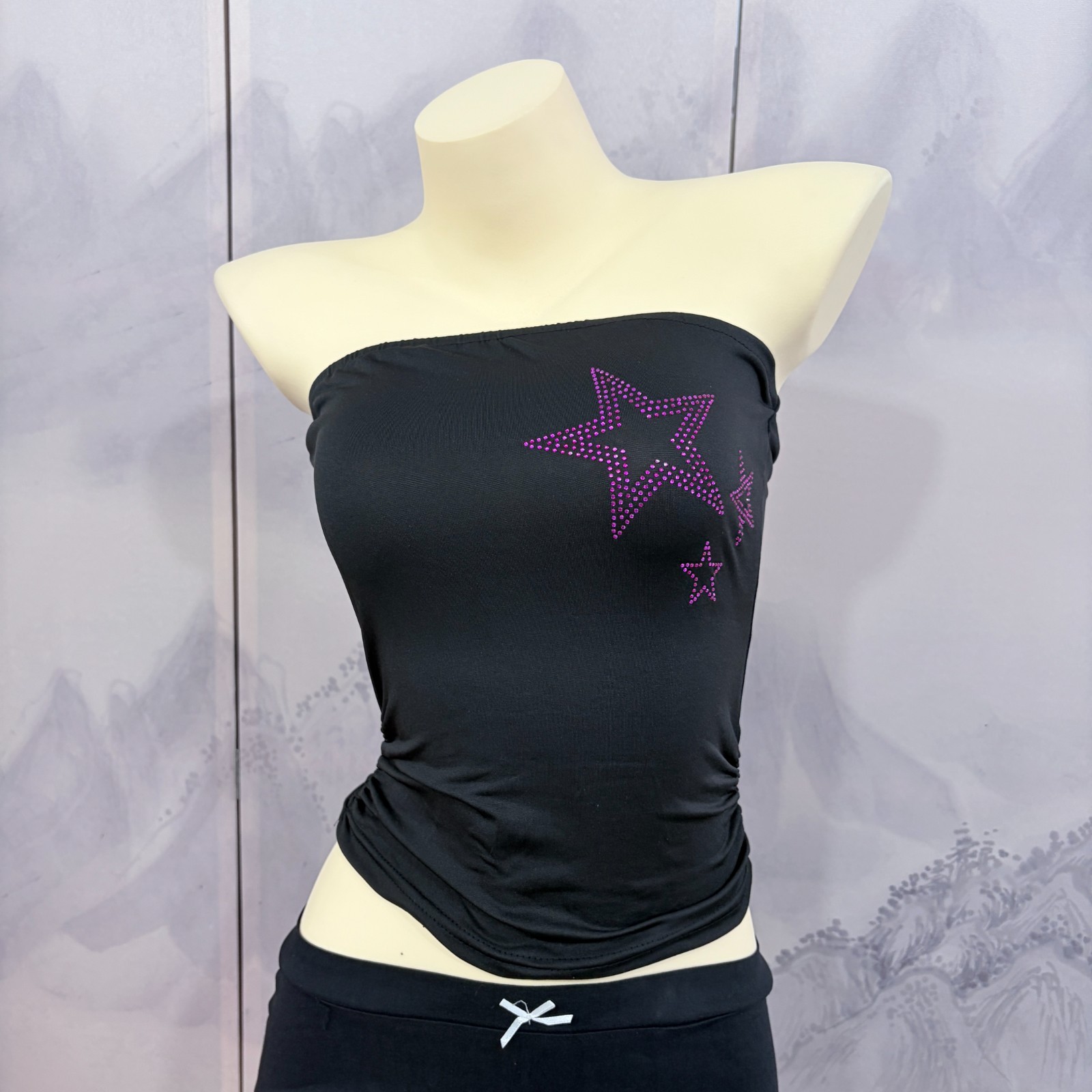Y2K Purple Rhinestone Star Ruched Black Strapless Tube Top ｜Size S