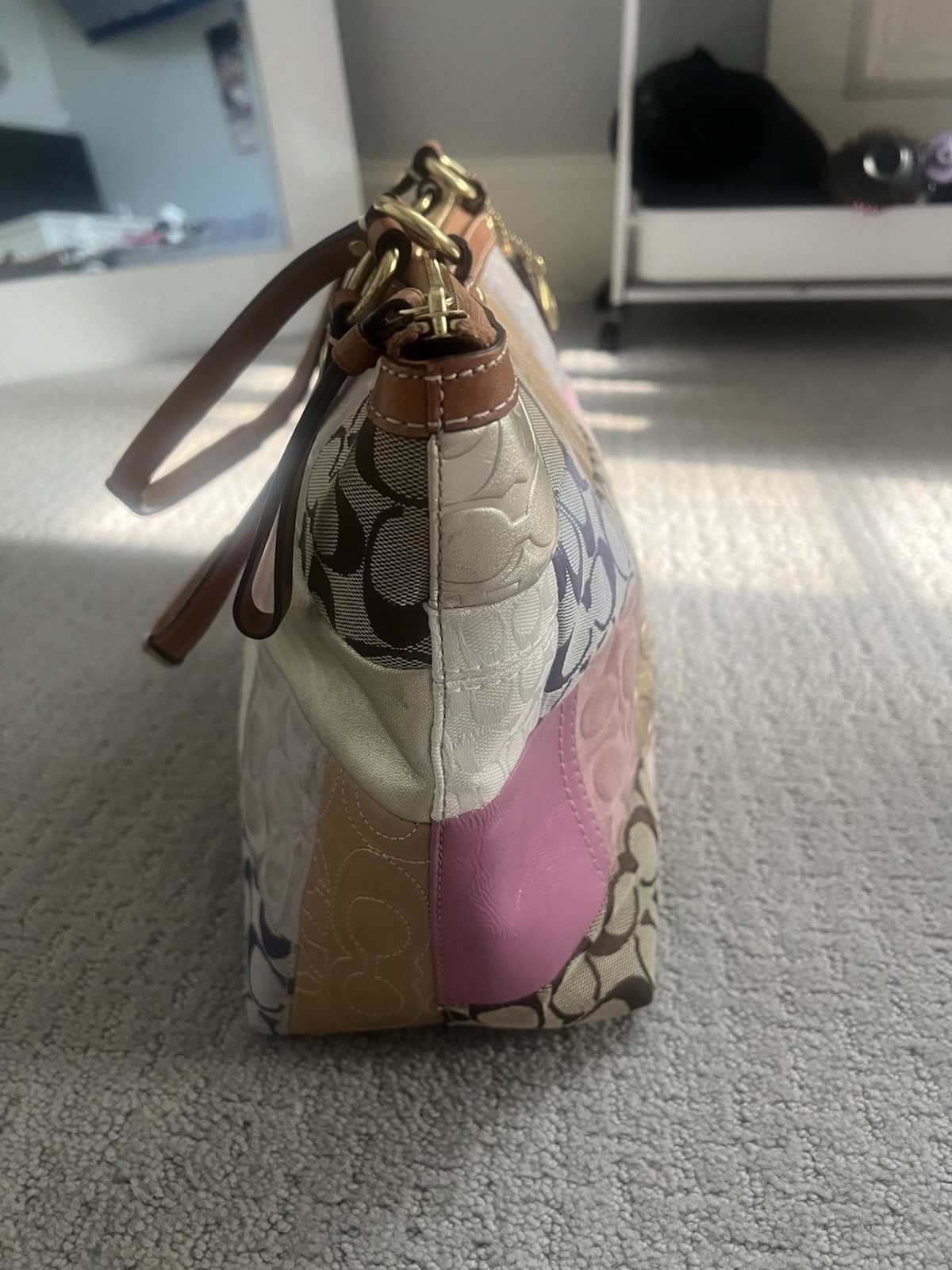 Coach Patchwork Multicolor Tote Zip Top Gold Hardware Charm Inner Pockets