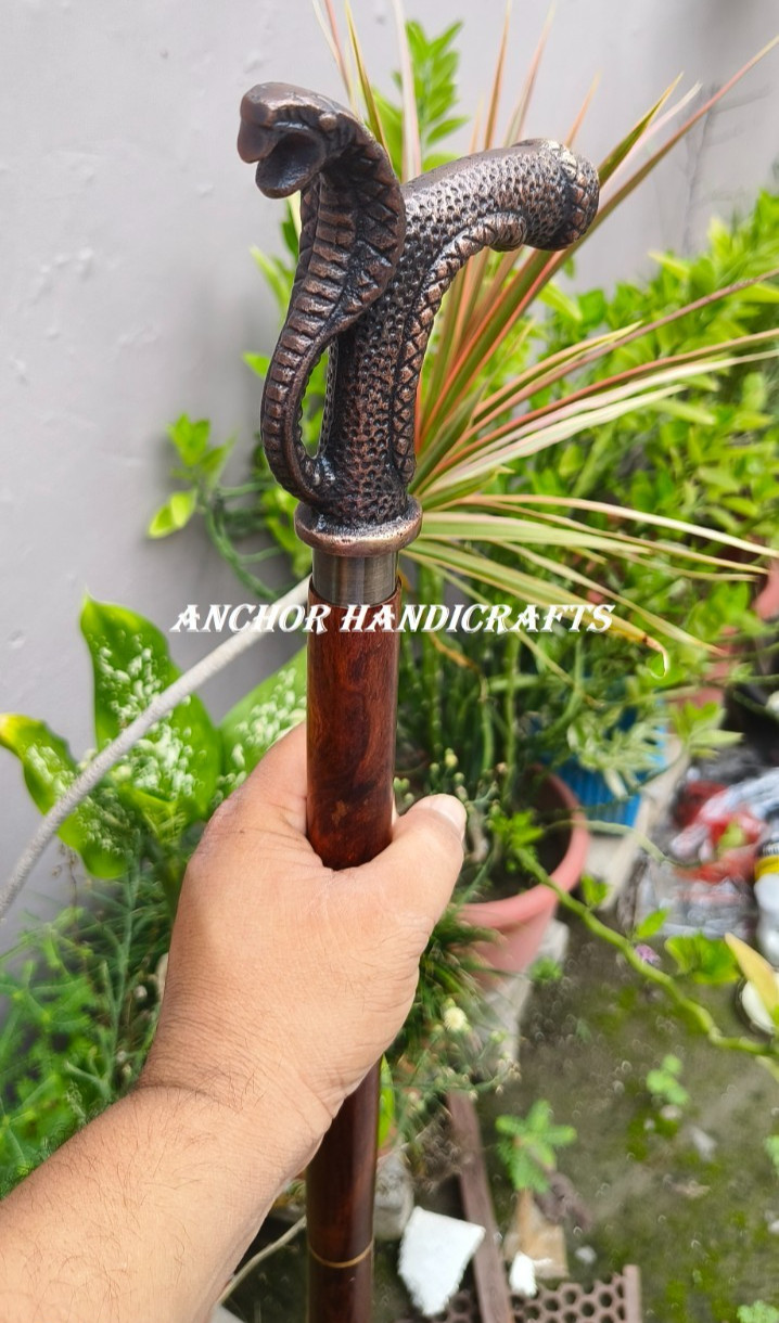 Nautical Antique Designer Snake Cobra Handle brown inlay wooden walking stick