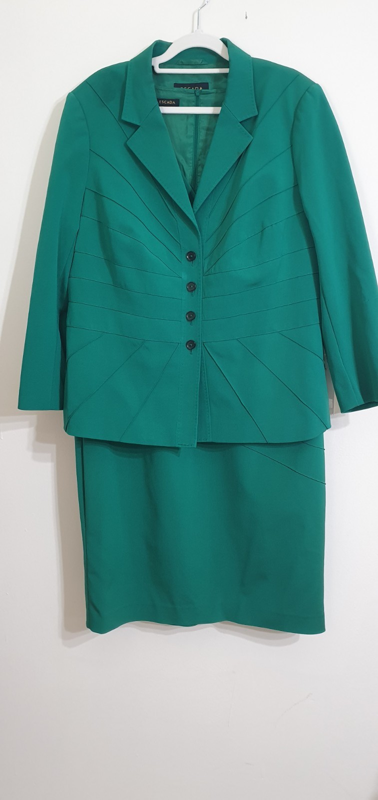 ESCADA Emerald Green Silk Blend Skirt Suit Jacket Set Size 46 EU / 16 US Vintage