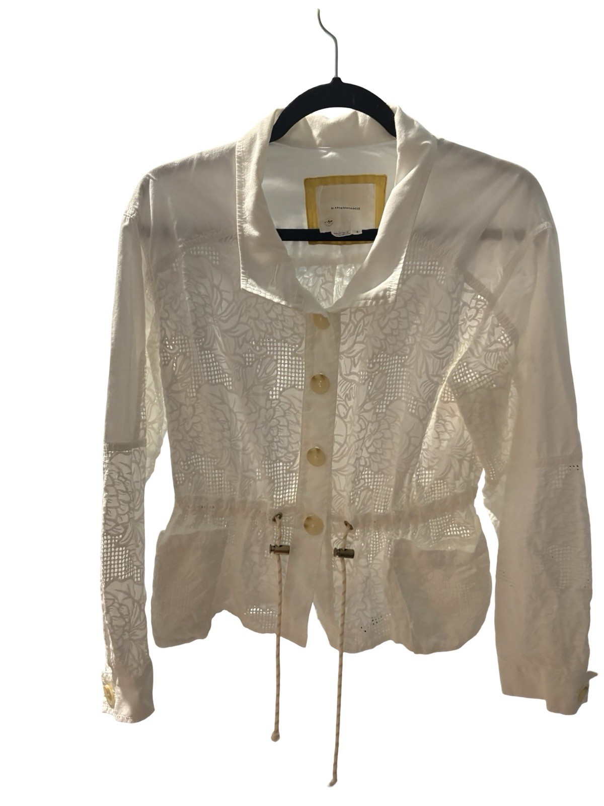 Anthropologie Sheer Floral Lace Utility Anorak Jacket White Drawstring Sz S