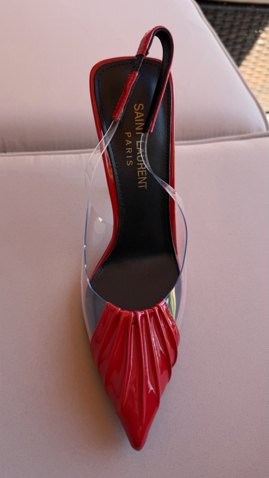 Saint Laurent Red Patent Leather & Clear PVC Pointed Toe Slingback Heels 36