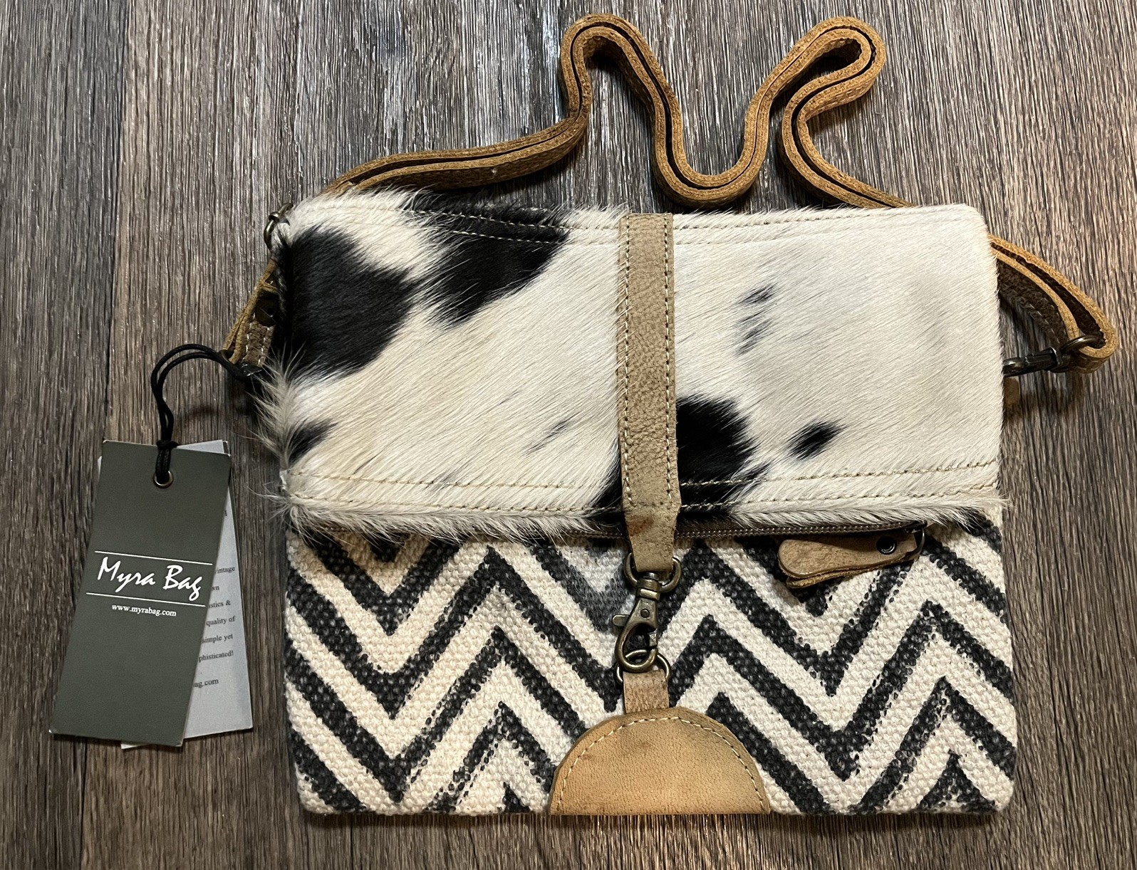 Myra Devious Brown Leather Chevron Canvas Calf Hair Shoulder Bag Purse NWT
