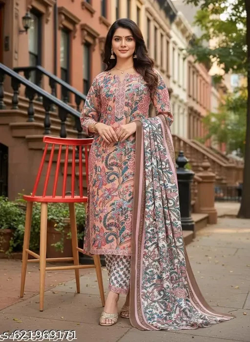 Designer Peach Floral Print Cotton Salwar Suit for Women | Casual & Festive Wear