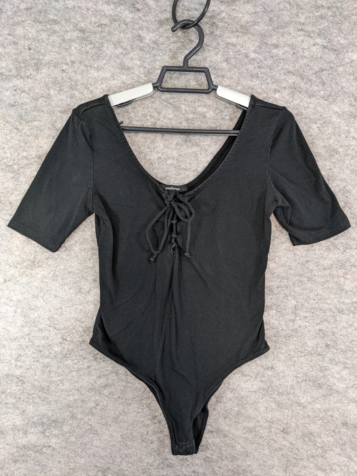 Ambiance Top Womens Medium Black Knit Bodysuit Snap Closure Lace-Up Scoop Neck
