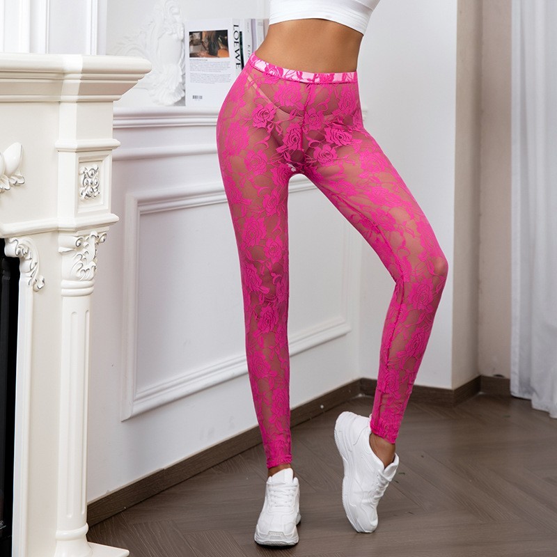 Womens Sexy Rose sheer mesh leggings Skinny Stretchy Capris Party Pants Clubwear