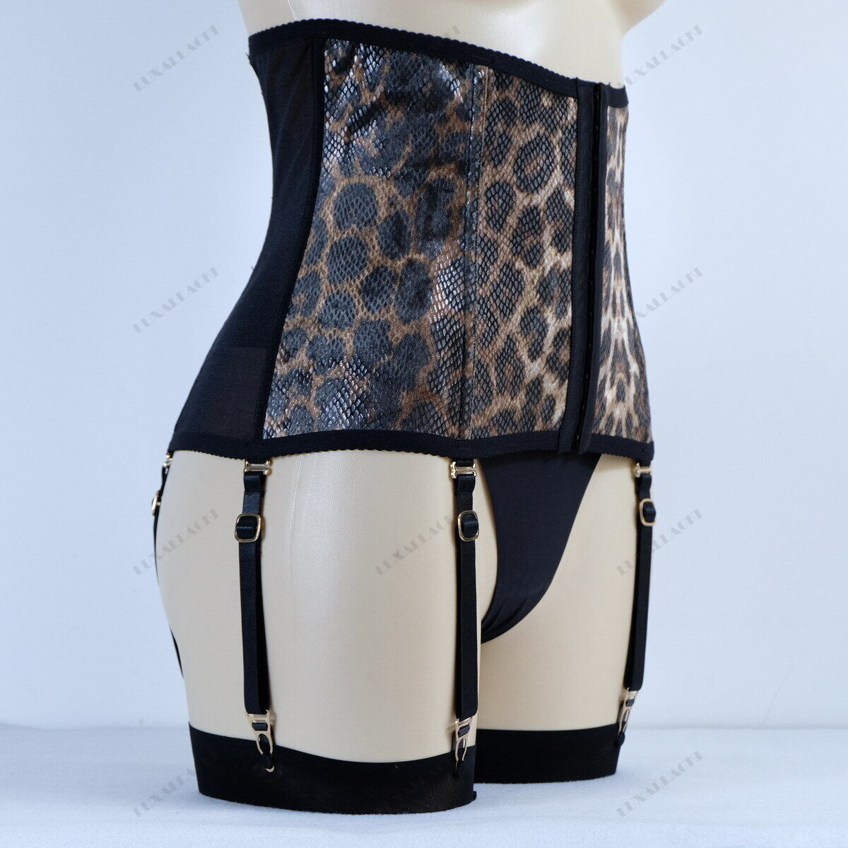 NEW Garter Boned Shaping Corset Fashion Mesh Pu Leopard Waist Cincher 6 Straps