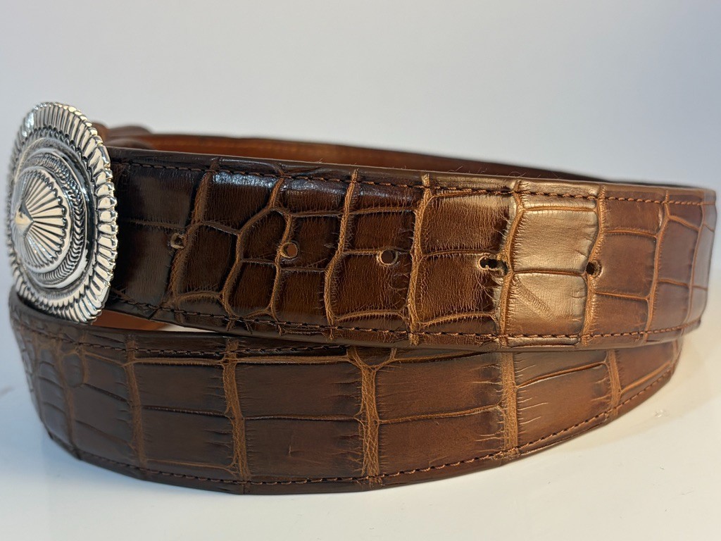 Sterling Silver .925 Hammered Concho Belt Buckle Genuine Alligator 44 Flemings