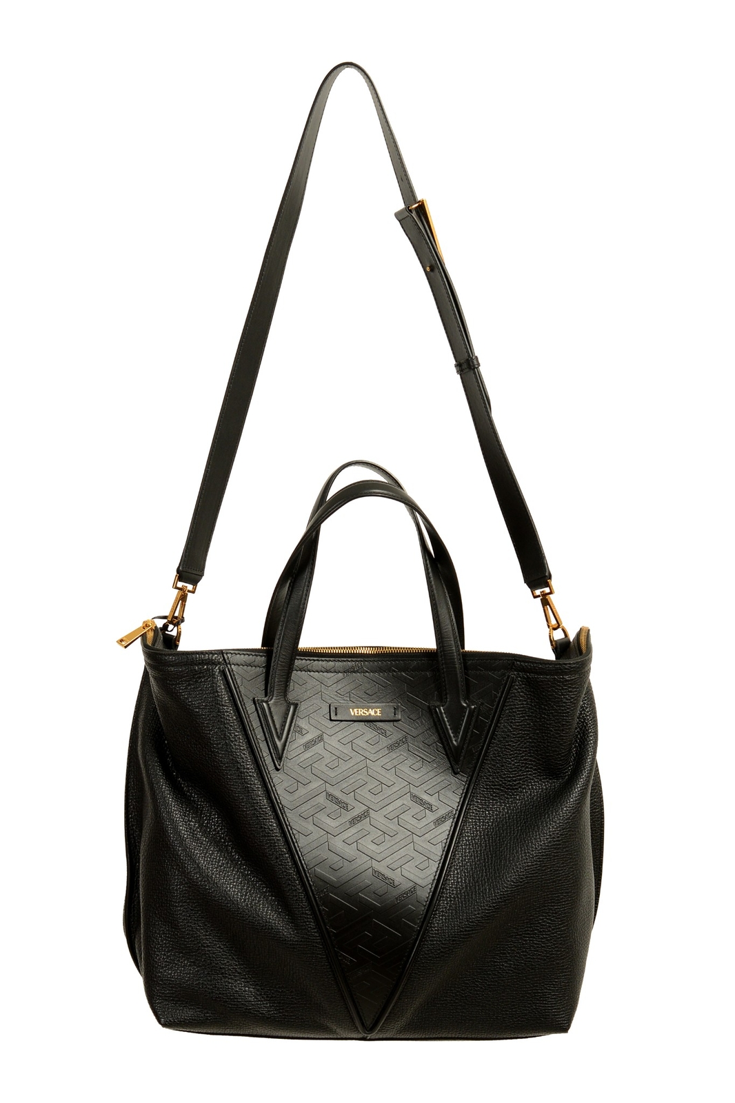 Versace Unisex 100% Textured Leather V-Logo Print Tote Handbag Shoulder Bag