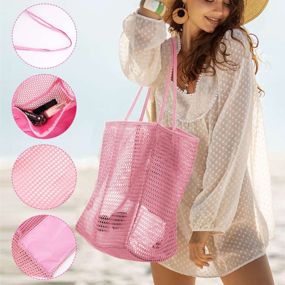Summer Mesh Tote Bag, Lightweight Shoulder Bag for Beach Travel Pool & Gym