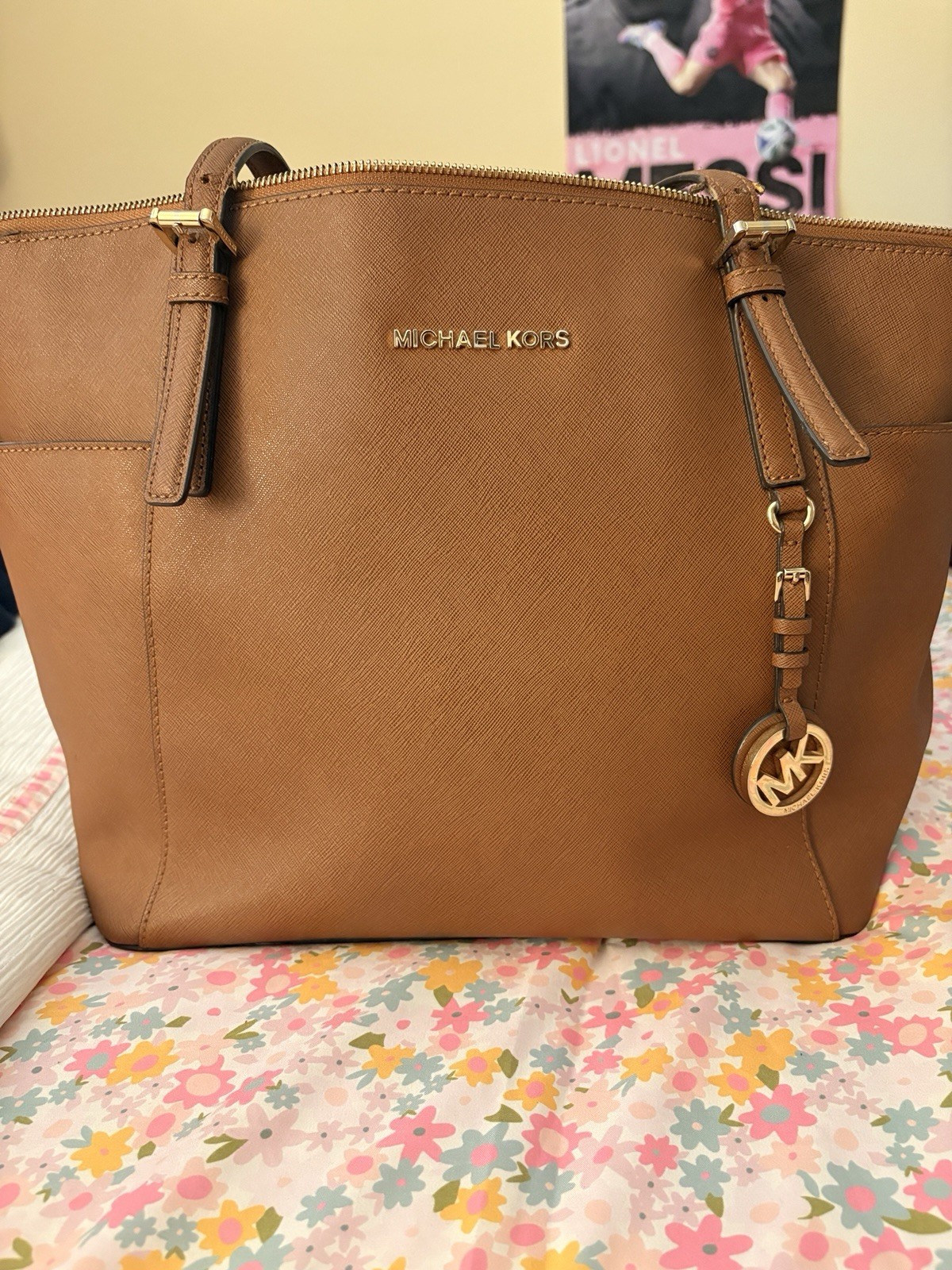 Michael Kors Women’s Brown Zip-Top Tote w/ MK Charm, Pockets, Gold Hardware
