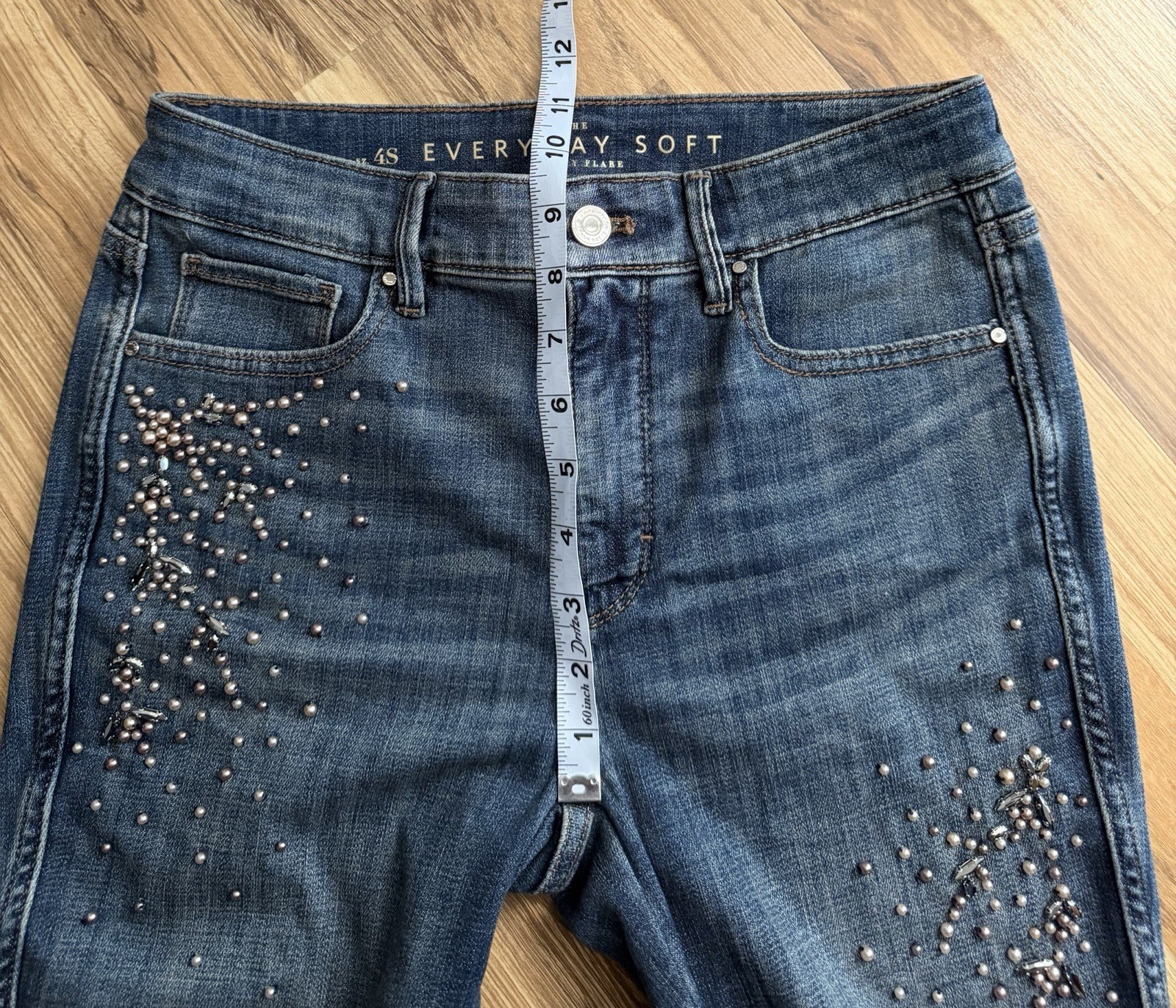 White House Black Market High Rise Embellished Skinny Flare Jeans Dark Blue 4S