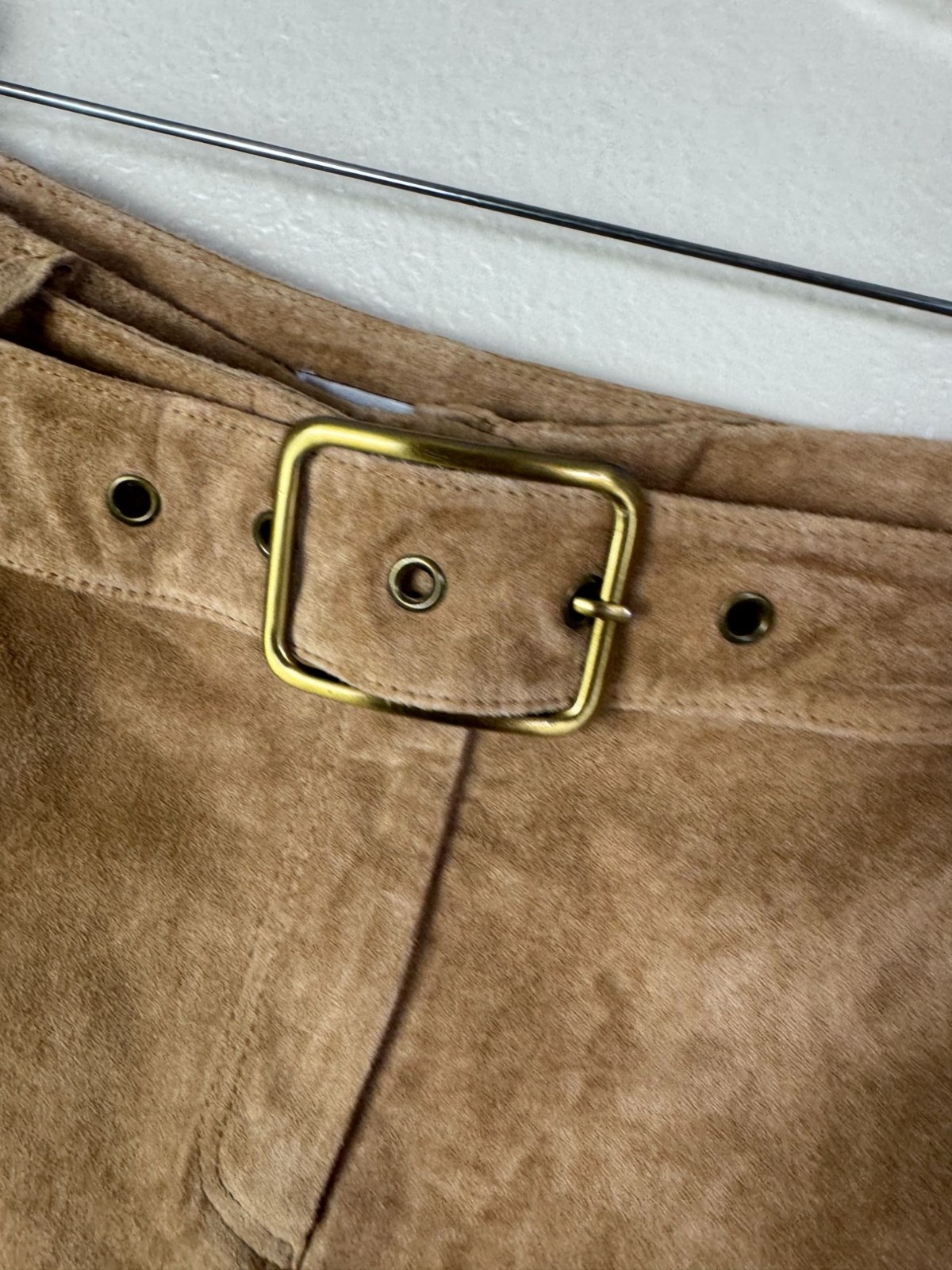 Newport News Women Tan Suede Leather Midi Maxi Skirt Waist Size 14 Belted Buckle