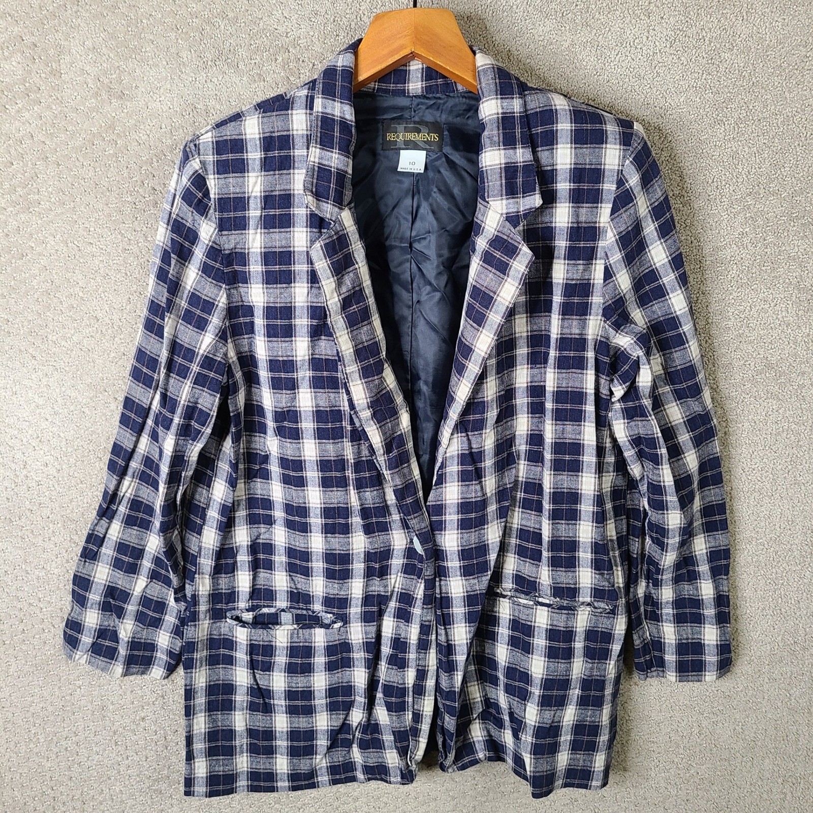 Vintage Requirements Jacket Womens 10 Blue White Plaid Linen Blend Blazer USA