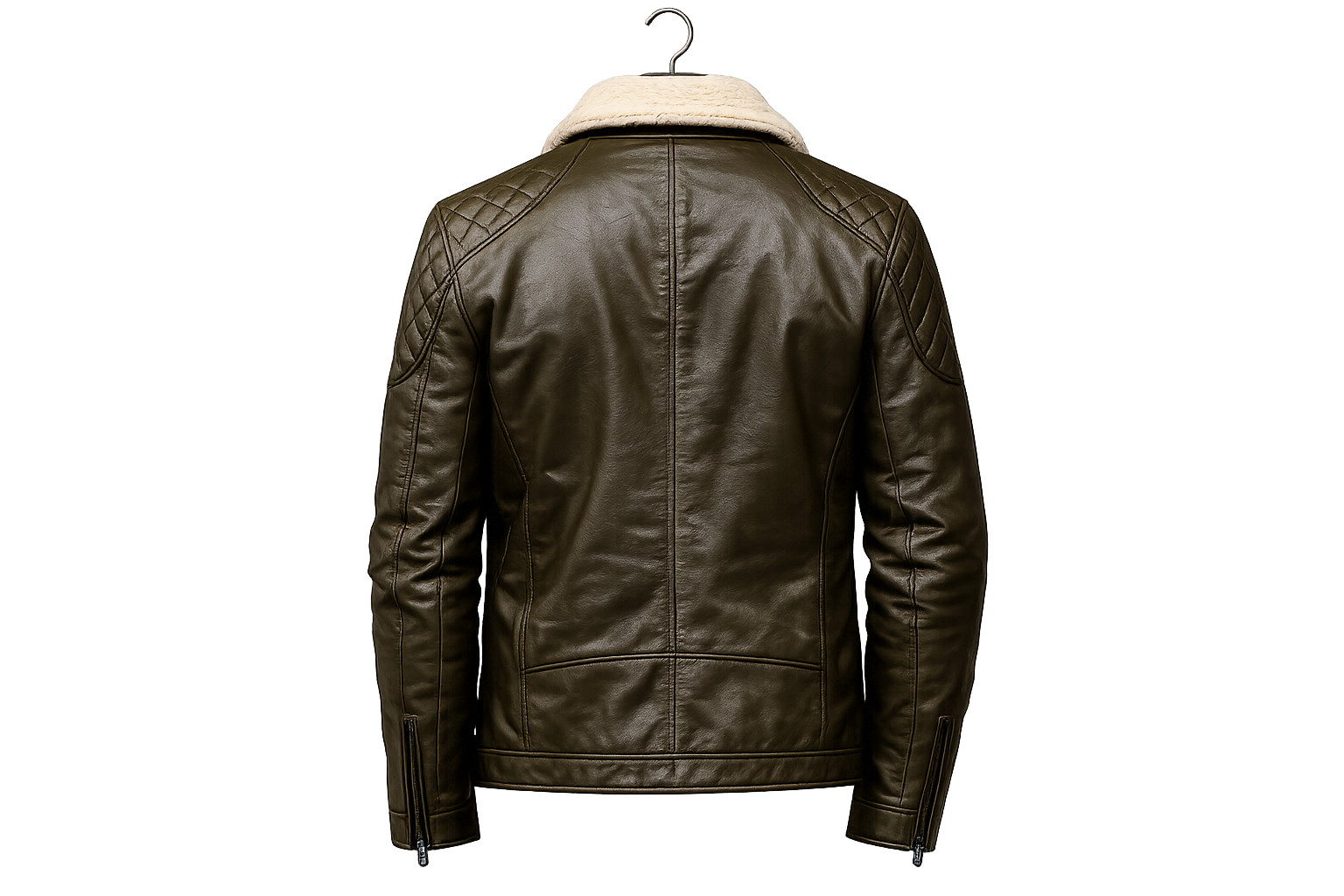 Men’s Green Leather Jacket – Faux Shearling Collar – Quilted Biker – Bomber Zip