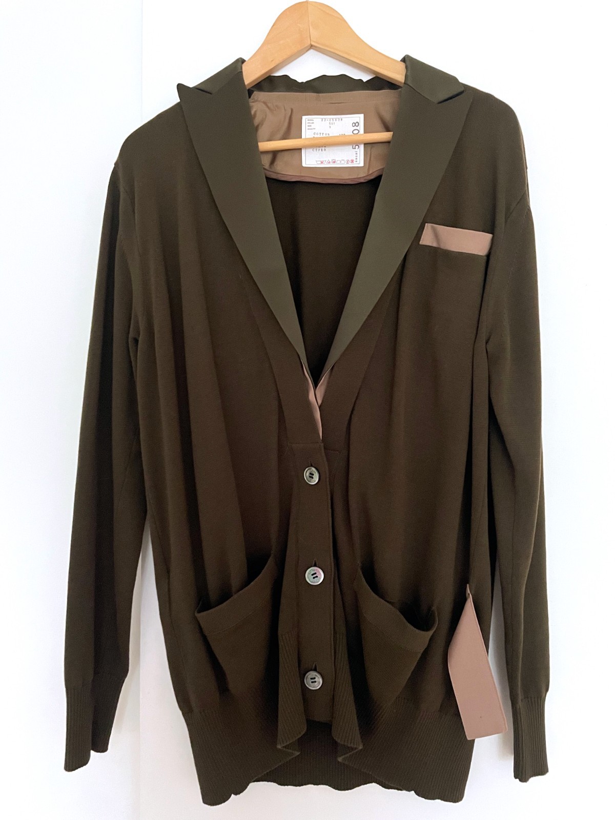 SACAI Cardigan with Blazer Collar in Olive Green – Size 3- Excellent Condition